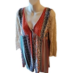 Kori America Boho Festival Hippi Gypsy Looking V Neck Dress Size Medium Stripe